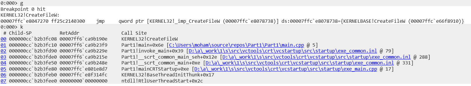 WinDbg Breakpoint at kernel32!CreateFileW